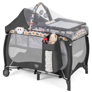 4 in 1 Pack and Play, Portable Baby Playard with Bassinet, Adjustable Canopy, Changing Table, Lockable Wheels, Music Box, Trave