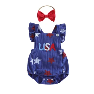 Independence Day Baby Girl Outfits Sleeveless Romper with Ruffle Detail and Matching Headband Set - Patriotic Newborn Clothing