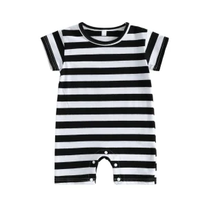 Infant Romper Adorable Short Sleeve Round Neck Striped Print Jumpsuit Footless Baby Outfit for Newborns